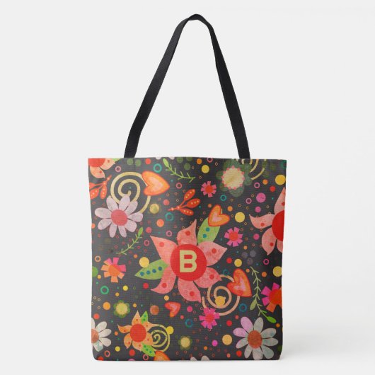Tote Bag Inspirivée boho florale initiale rétro (Devant)
