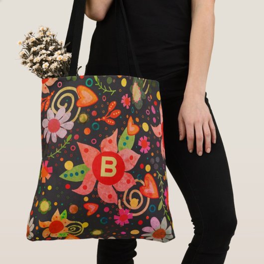 Tote Bag Inspirivée boho florale initiale rétro