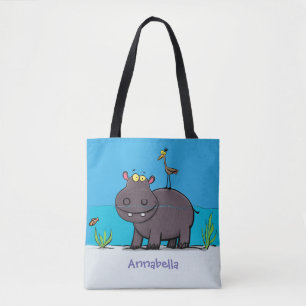 Tote Bag Ippopotame drôle mignon avec dessin animé d'oiseau