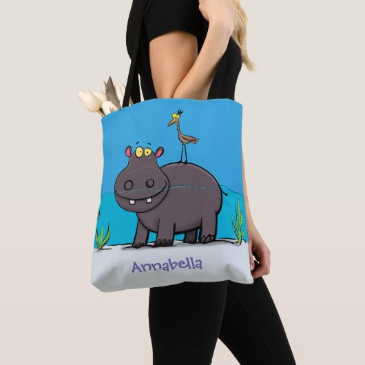 Tote Bag Ippopotame drôle mignon avec dessin animé d'oiseau (De près)