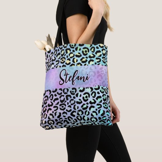 Tote Bag Iridescente Foil arc-en-ciel Leopard pourpre (De près)