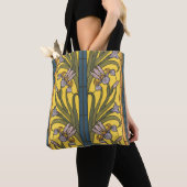 Tote Bag Iris Fleur Art Nouveau Vitrail Bleu Or (De près)