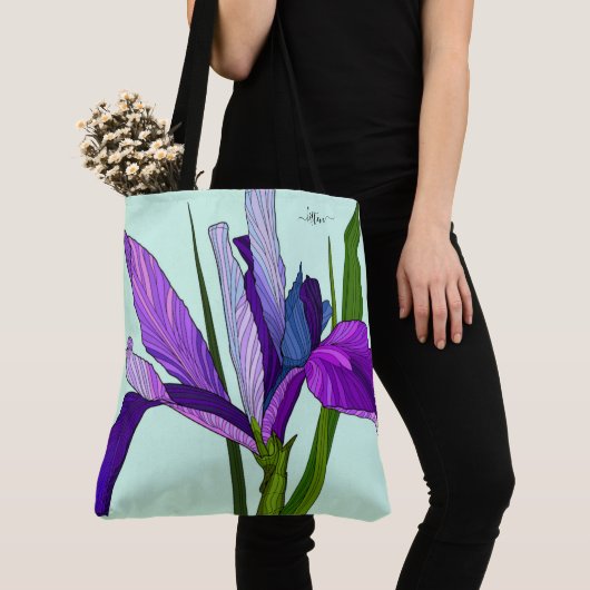 Tote Bag Iris violet sur la menthe, Floral personnalisé (De près)