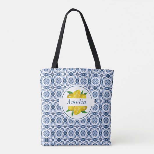 Tote Bag Italien Carrelage bleu citron mariage Favoriser (Dos)