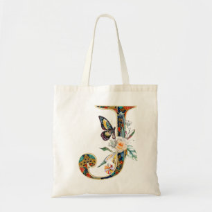 Tote Bag J lettre florale bohème élégante