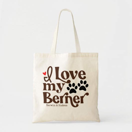 Tote Bag J'Aime Mon Berner Bernese Mountain Dog Nom Personn (Devant)
