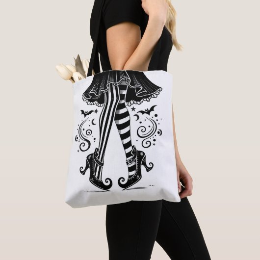 Tote Bag Jambes de sorcière noir et blanc Whimsical Hallowe (De près)