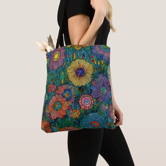 Tote Bag Jardin à fleurs rétro coloré (De près)
