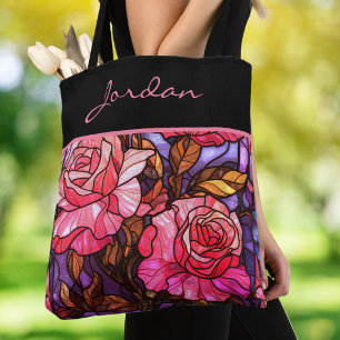 Tote Bag Jardin de roses roses vitrail monogramme