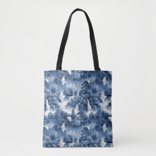 Tote Bag Jardin d'eau japonais en porcelaine blanche bleue