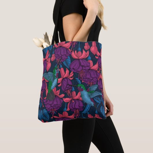 Tote Bag Jardin des colibris en violet et bleu (De près)
