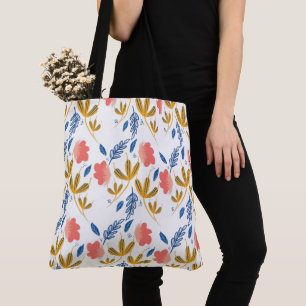 Tote Bag Jardin d'été Coraux Floraux Bleus Jaunes