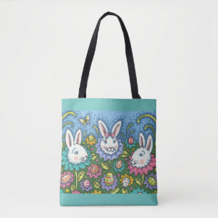 TOTE BAG JARDIN D'OEUFS DE PÂQUES BLANCS, FLEURS DE RABBIT