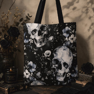 Tote Bag Jardin gothique crânes et fleurs noir floral