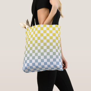 Tote Bag Jaune à bleu clair et blanc à motifs à damier