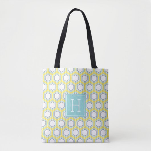 Tote Bag Jaune et Aqua Motif géométrique et Monogramme (Devant)