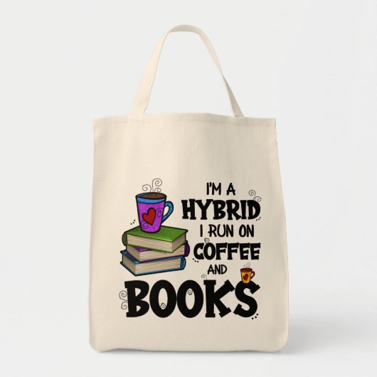 Tote Bag Je suis un hybride je cours sur le café et les liv (Devant)