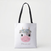 Tote Bag Je t'aime moo ! Vache mignonne avec couronne flora (Devant)