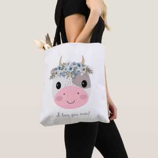 Tote Bag Je t'aime moo ! Vache mignonne avec couronne flora