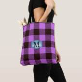 Tote Bag Jeans Tartan Noir Orchidée moderne Nom du monogram (De près)