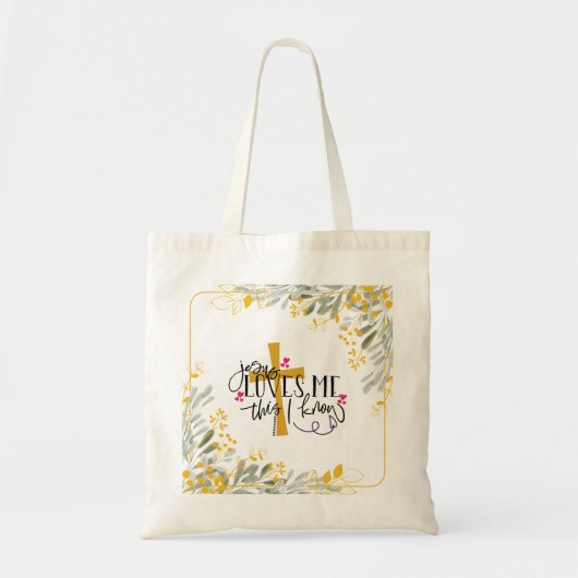 Tote Bag Jésus m'aime Ce que je connais, Croix et Fleurs (Devant)