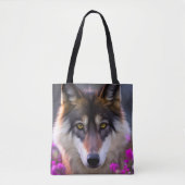 Tote Bag Jeune loup en fleurs rose fuchsia (Devant)