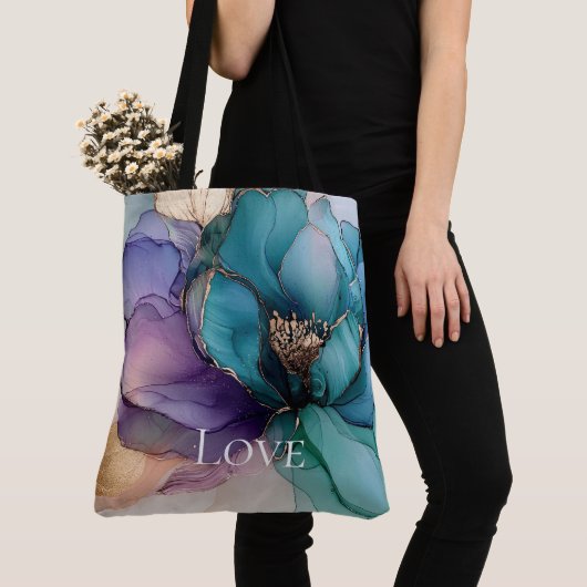 Tote Bag Joli Aqua bleu violet or Floral Love (De près)