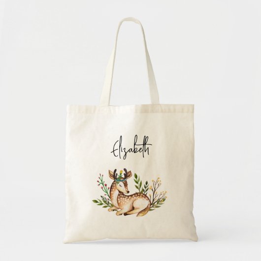 Tote Bag Joli Cerf Aquarellé Posé En Bas Boho (Devant)