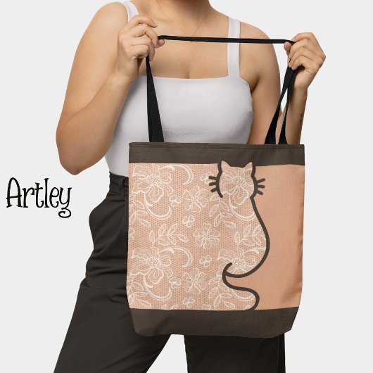 Tote Bag Joli chat Brown et rose florale dentelle coupée