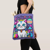 Tote Bag Joli Chat Cosmique Blanc (De près)