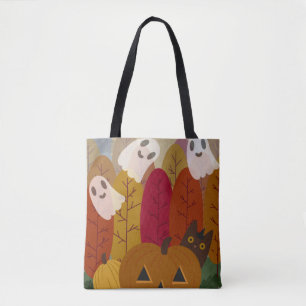 Tote Bag Joli chat noir et fantômes d'Halloween Citrouille 