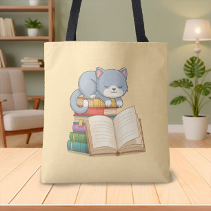 Tote Bag Joli chat sur une pile de livres jaune