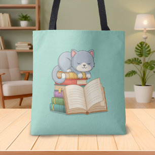 Tote Bag Joli chat sur une pile de livres verts