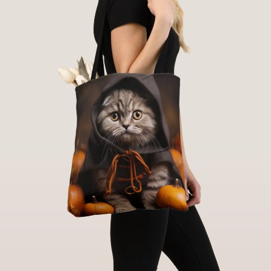 TOTE BAG JOLI CHATON TABBY BRUN HALLOWEEN (De près)