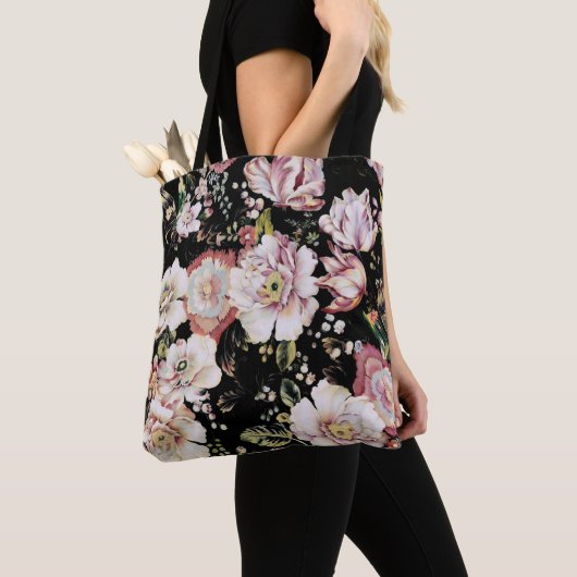 Tote Bag joli chic girly rose noir floral (De près)
