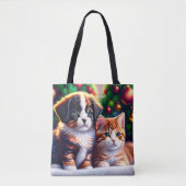 Tote Bag Joli chiot et chat sous l'arbre de Noël (Devant)