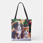 Tote Bag Joli chiot et chat sous l'arbre de Noël (Dos)