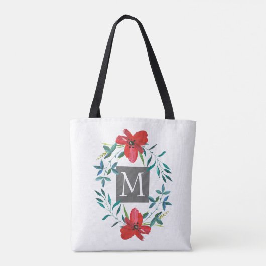 Tote Bag joli design de fleur rouge peint avec monogramme (Dos)