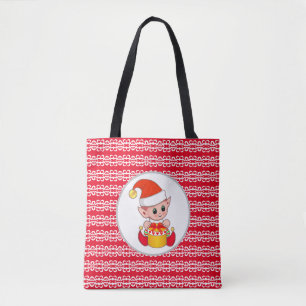 Tote Bag Joli elfe de Noël sur fond rouge et blanc