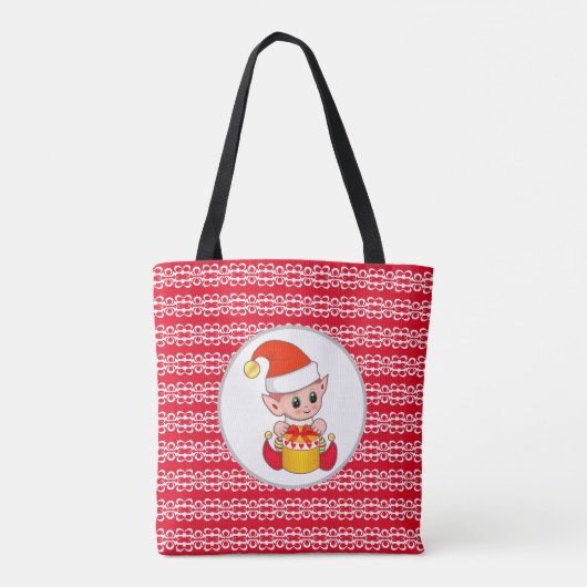 Tote Bag Joli elfe de Noël sur rouge & blanc (Dos)