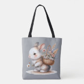 Tote Bag Joli lapin aux fleurs Aquarelle Art (Dos)