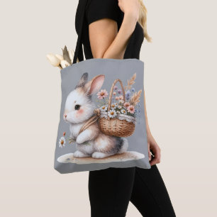 Tote Bag Joli lapin aux fleurs Aquarelle Art