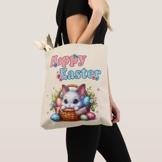 Tote Bag Joli lapin de Pâques en panier avec oeufs et fleur (De près)