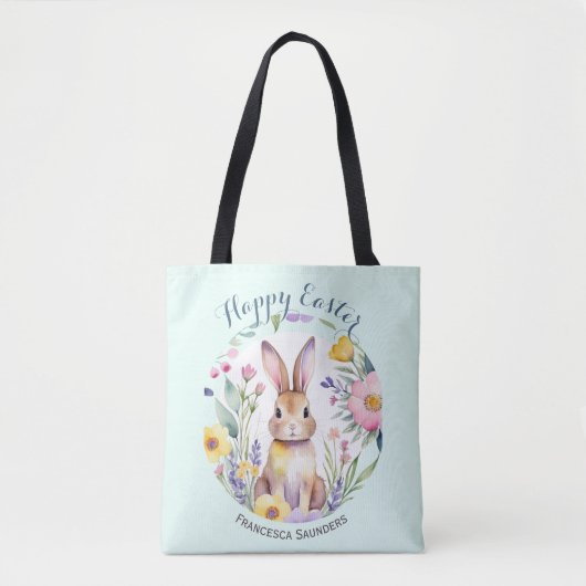 Tote Bag Joli lapin et fleurs Pâques Plutôt heureux (Devant)