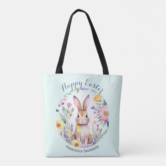Tote Bag Joli lapin et fleurs Pâques Plutôt heureux (Dos)