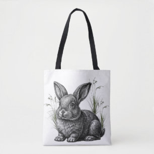 Tote Bag Joli lapin gris parmi les herbes