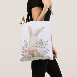 Tote Bag Joli lapin rose en panier Aquarelles