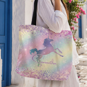 Tote Bag Joli licorne rose paillettes arc-en-ciel art monog