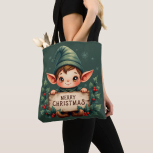 Tote Bag Joli Lutin de Noël Tenant un Panneau Joyeux Vert