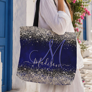 Tote Bag Joli monogramme de fausse brillance argent bleu ro